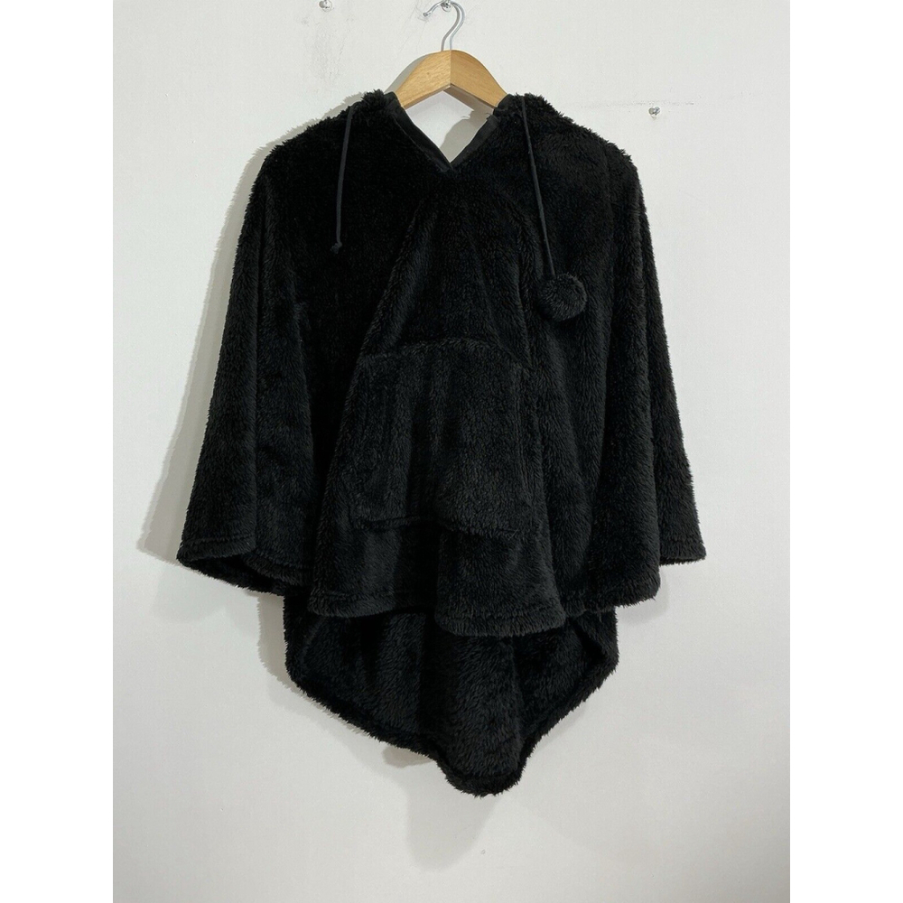 Womans Cozy Zoe Black Fuzzy Poncho With Animal Face Hood Xs-s